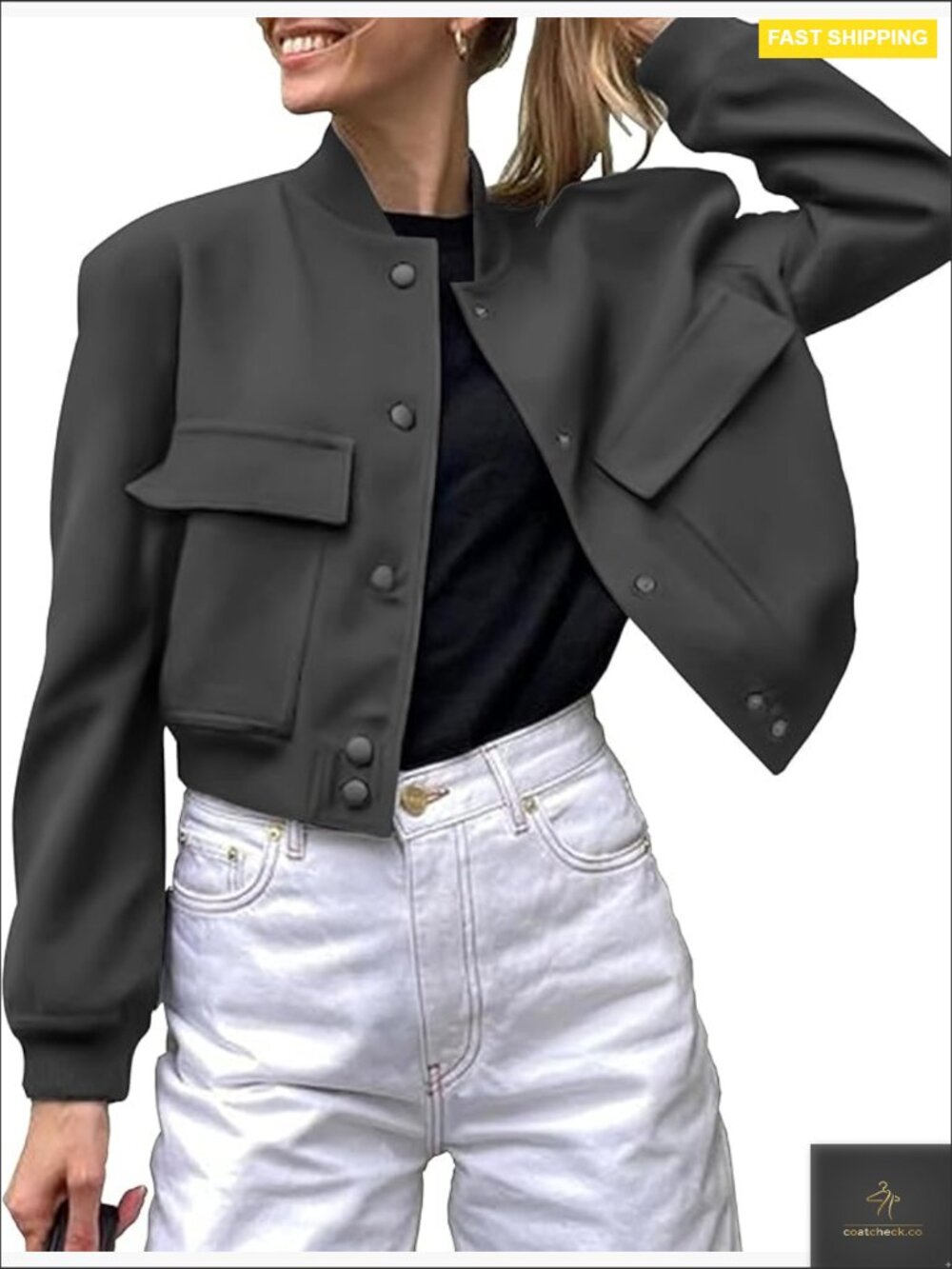 Women Bomber Jacket Casual Button Down Lightweight Short Cropped Varsity Style
